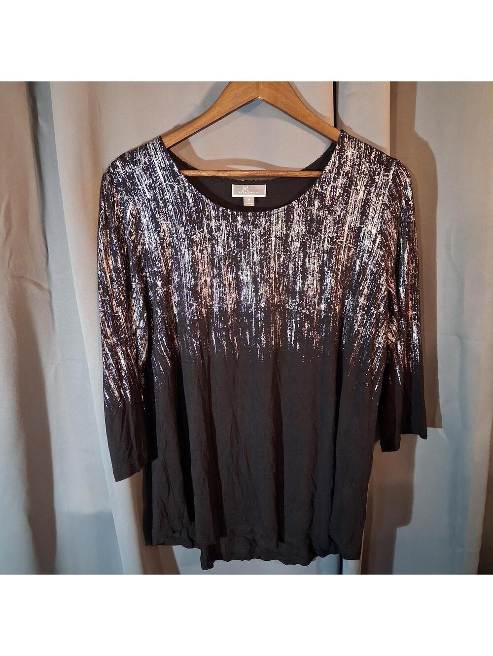 JM Collection Black and Metallic 3/4 Sleeve Top